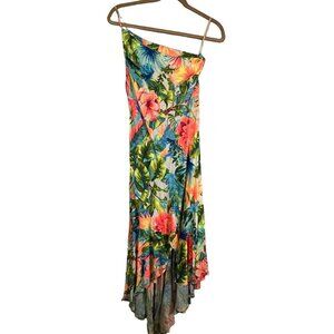 Farm Rio Dress L Orange Tropical Hi Lo Maxi One Shoulder Strap Blue Side Split G